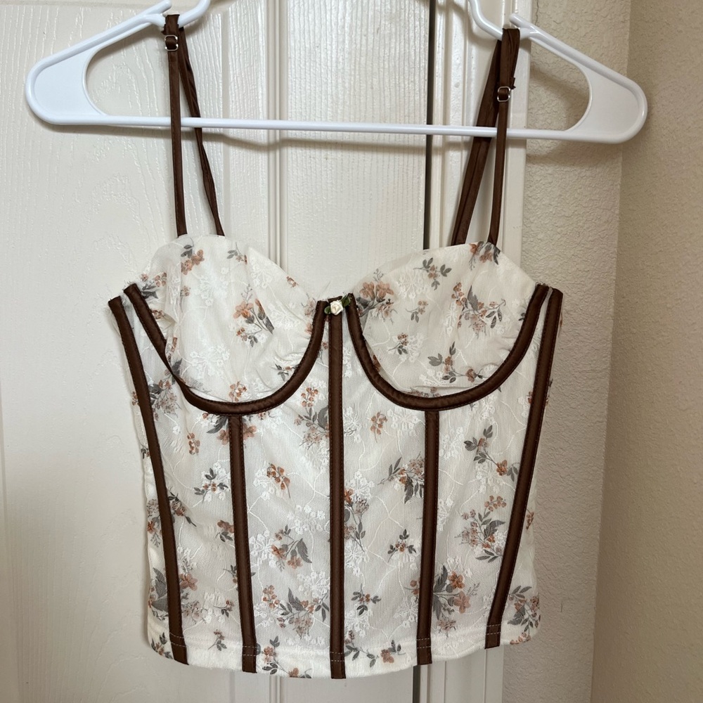 Floral Lace Crop Top - white brown, and orange